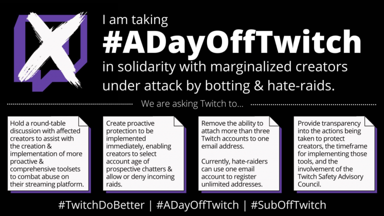 Read more about the article Marginalized Streamers Demand Twitch Take Action to Protect Their Users – #ADayOffTwitch & Hate Raids