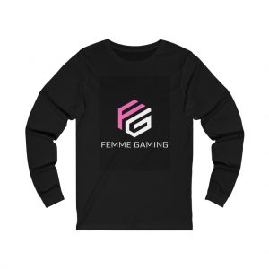 Black long-sleeve t-shirt with Femme Gaming logo centred on the front