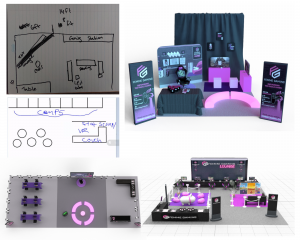 Montage of drawing and technical mock-ups of the space of the Femme Gaming lounge