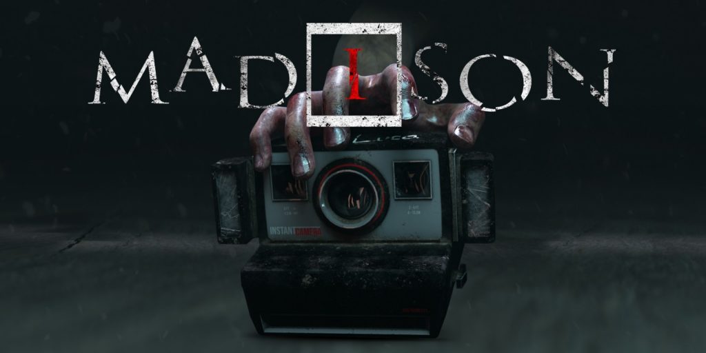 The poster for horror game "Madison" shows a bloody hand holding a polaroid camera.