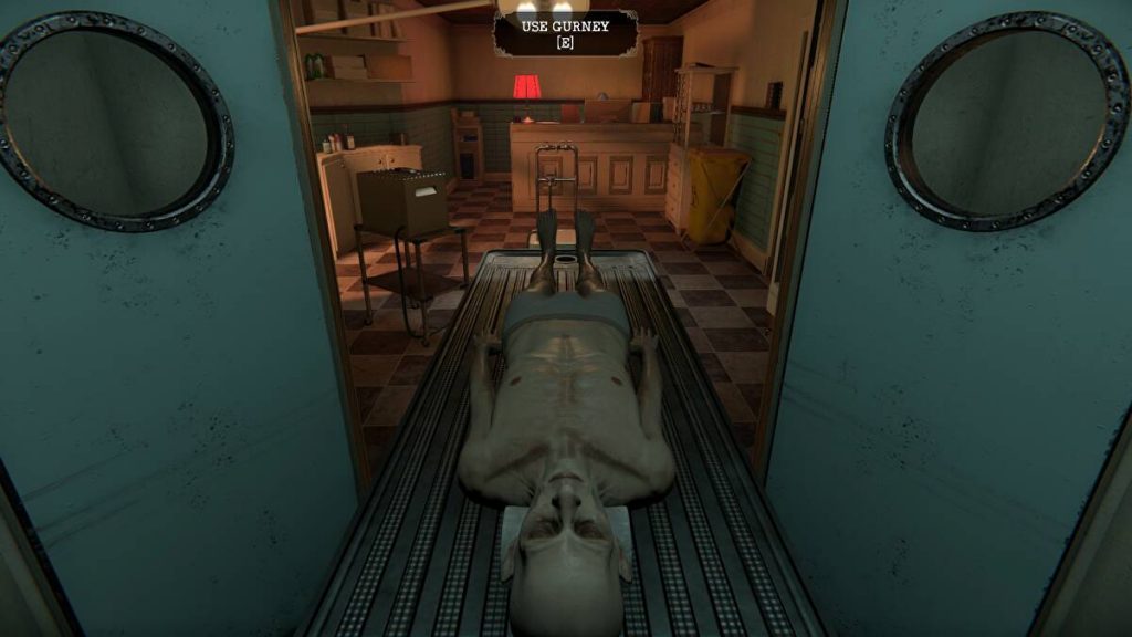 Screenshot of the horror game "The Mortuary's Assistant" shows the main character wheeling a dead body in the embalming lab.