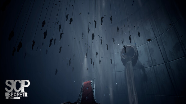 A screenshot of horror game SCP: Secret Files" Shows the main character looking up at dozens of hanging bodies.